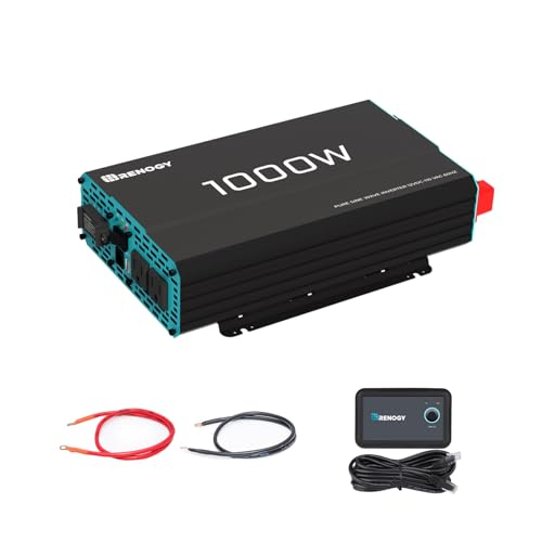 Renogy 1000W Pure Sine Wave Inverter 12V DC to 120V AC Converter for Home, RV, Truck, Off-Grid Solar Power 110V with Built-in 5V/2.1A USB Port, Hardwire Remote Controller