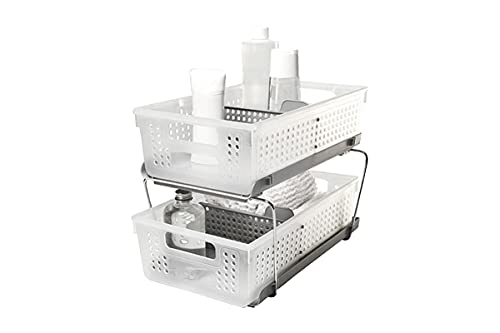 Madesmart 2-Tier Plastic Multipurpose Organizer with Divided Slide-Out Storage Bins, Under Sink and Cabinet Organizer Rack, Frost