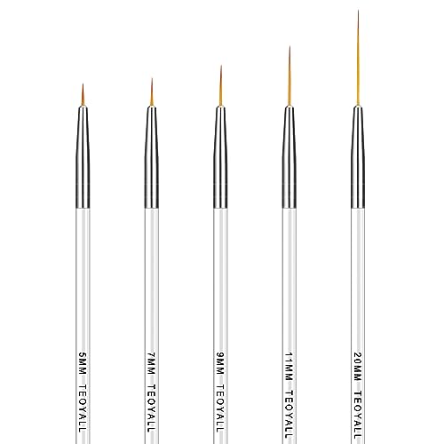 TEOYALL Fine Liner Brush, Nail Art Striping Brushes 5/7/9/11/20mm Thin Line Nail Brush Detail Drawing Brush Gel Nail Polish Brush