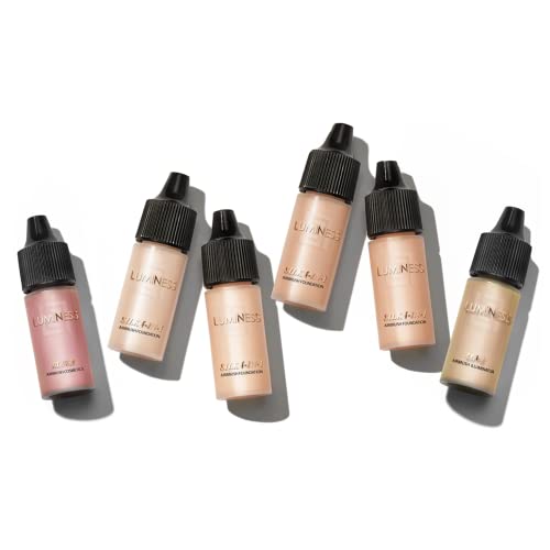 Luminess Silk 4-in-1 Airbrush Foundation Makeup Starter Kit - Medium Coverage, 6-piece - Includes 2x Silk Airbrush Foundation, Blush, Glow Highlighter, Moisturizer Primer & Airbrush Cleaning Solution