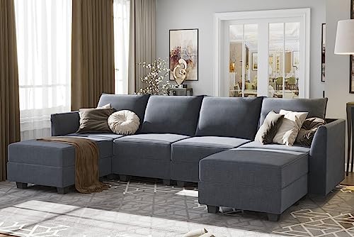 HONBAY Modular Sectional Sofa U Shaped Couch with Reversible Chaise Modular Sofa Couch with Storage Seats, Bluish Grey