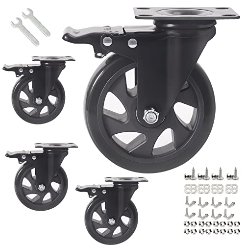 5 Inch Caster Wheels with Brake 2200lbs,Heavy Duty Casters Set of 4,Swivel Plate Casters with Double Ball Bearings, Premium PVC Furniture Caster Wheels for Carts,Workbench(Hardware Included)