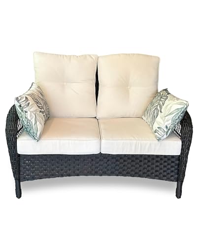 Harlie & Stone Outdoor Couch, Outdoor Sofa, Patio Couch, Patio Sofa, Outdoor Loveseat, Patio Loveseat, Wicker Loveseat, Outside Couch, Outdoor Love Seat, 2 Seat Sofa (Beige Cushion)