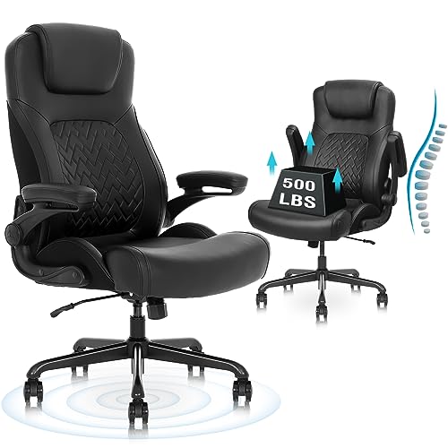 Flysky Executive Ergonomic Office Chair - Big and Tall Office Chair for Heavy People, PU Leather Computer Desk Chair with Flip-up Armrest, Comfortable Wide High Back PC Work Chair