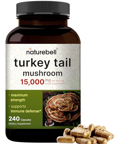 NatureBell Turkey Tail Mushroom Capsules 15,000mg Per Serving, 240 Count | 25:1 Fruiting Body & Mycelium Extract – Immune & Brain Health Mushrooms Supplement