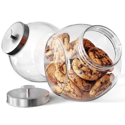 KooK Glass Penny Jars, Angled Kitchen Counter Canisters, Large Storage Containers for Candy, Cookies and Snacks, Clear, Airtight Metal Lids, Dishwasher Safe, 74 oz, Set of 2