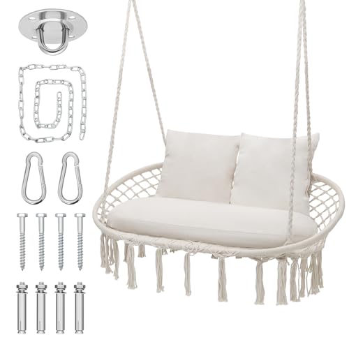 MoNiBloom Double Swing Chair with 3 Cushions for Outside, Large Hanging Macrame Swing Chair for Indoor/Outdoor Relax, Adult Hammock Boho Chair Max 700 lbs Capacity for Porch Balcony Backyard, Beige
