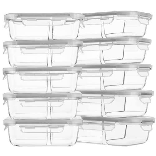 HOMBERKING 10 Pack Glass Meal Prep Containers 2 Compartment, Glass Food Storage Containers with Lids, Airtight Glass Lunch Bento Boxes, BPA-Free & Leak Proof (10 lids & 10 Containers) - Grey