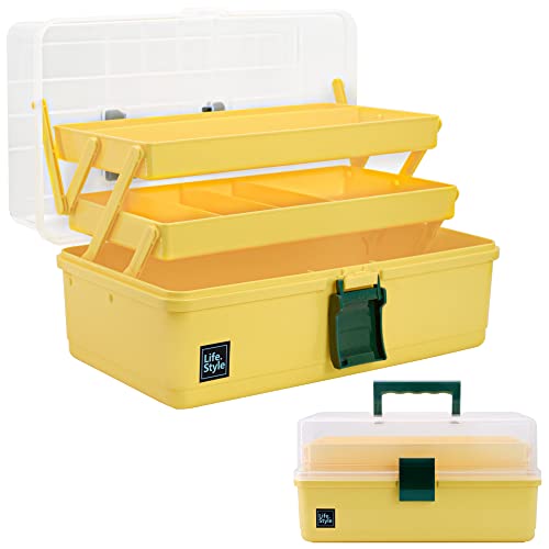 Creahaus 13 inch Art Craft Organizer Storage Box with 3 Layers, Multifunctional Plastic Tool Box with Handle for Sewing, Makeup, Medicine, Nail, Hair Accessories for Kids (Yellow)