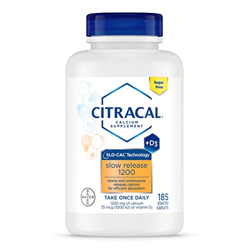 Citracal Slow Release 1200, 1200 mg Calcium Citrate and Calcium Carbonate Blend with 1000 IU Vitamin D3, Bone Health Supplement for Adults, Once Daily Caplets, 185 Count