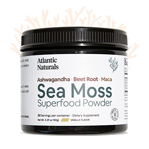 Organic Sea Moss Superfood Powder with Ashwagandha, Beet Root, and Maca | Support Healthy Skin, Athletic Performance, and Positive Mood | Delicious Vanilla Flavor