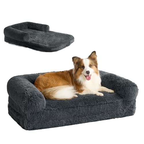 EHEYCIGA Foldable XXL Dog Bed, Faux Fur Fluffy Dog Bed for Extra Large Dogs, Orthopedic Calming Memory Foam Big Dog Couch Bed, Washable Soft Warm Dog Sofa Bed with Non-Slip Bottom, Dark Grey