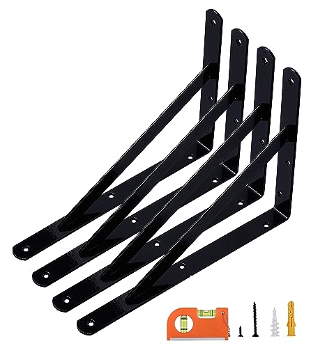 NEODROP 4-Pack 12 Inch Heavy Duty Shelf Brackets, Large Wall Bracket for Garage Storage Shelves, Black Powder-Coated Steel