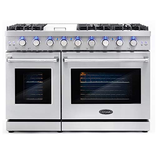 COSMO COS-EPGR486G 48 in. Slide-In Freestanding Double Gas Range with 6 Sealed Burner & Griddle Cooktop, Cast Iron Grates and Primary Convection Oven in Stainless Steel, 48 inch