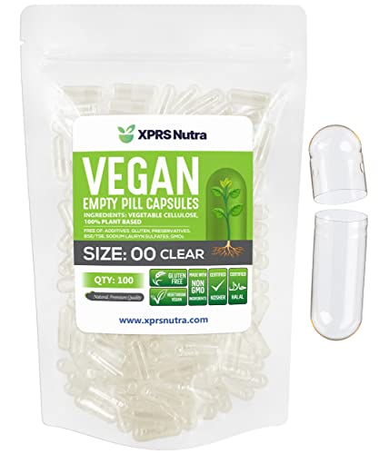 XPRS Nutra Size 00 Empty Capsules - Empty Vegan Capsules - Vegetarian Empty Pill Capsules - DIY Vegetable Capsule Filling - Veggie Pill Capsules Empty Caps (100 Count, Clear)