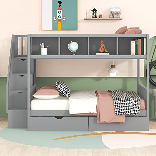 BIADNBZ Wooden Twin Over Full Bunk Bed with Shelfs,Storage Staircase and 2 Drawers for Bedroom,No Box Spring Required,Gray