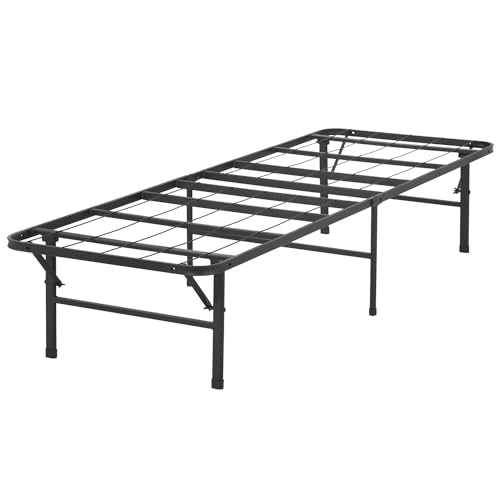 Bed Frame, Foldable Metal Platform Bed Frame Mattress Foundation Box Spring Replacement Heavy Duty Steel Slat Classic Metal for Home, Office, 14 Inch High, Black, Twin