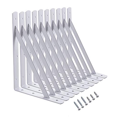 HOME MASTER HARDWARE 12 x 8 inch Heavy Duty Shelf Brackets, Load Capacity: 600lb, 10-Pack White Metal L Supports for Wall Mounted Wood Shelving, Shelves Bracket with Screws