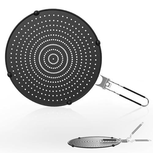 XULRKOS 13’’ Silicone Splatter Screen for Frying Pan, Grease Splatter Guard with Folding Handle, Heat Resistant by Heat Insulation Cooling Mat, Food Grade Oil Splash guard, Oven Safe Pan Cover