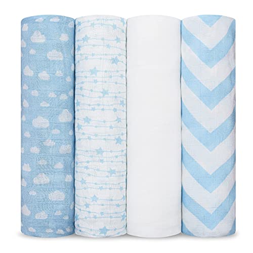 Comfy Cubs Muslin Swaddle Blankets Neutral Receiving Blanket Swaddling, Wrap for Boys and Girls, Baby Essentials, Registry & Gift (Blue)