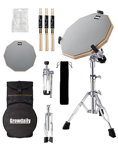 GrowDaily Drum Practice Pad Snare Drum Stand Set 12 In With Double Sided Silent Drum Pad,Drum Dampeners Gel, Drum sticks,Carrying Bag Adjustable Stand(Fits 10