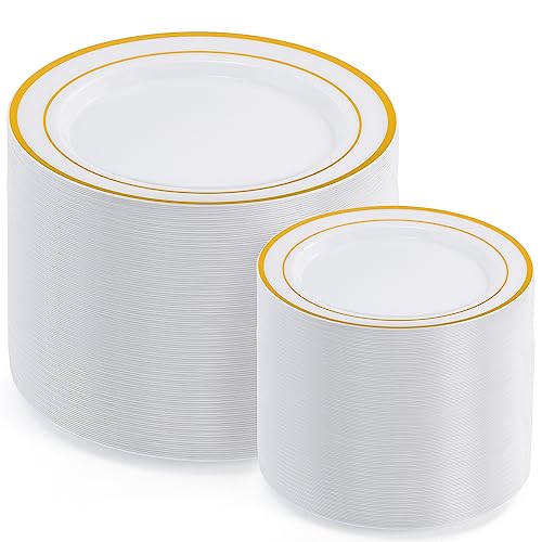 AOZITA 200 Pieces Disposable Gold Plastic Plates, Premium Heavy Duty Plastic Plates - 100 Plastic Dinner Plates and 100 Dessert Appetizer Plates for Party Wedding