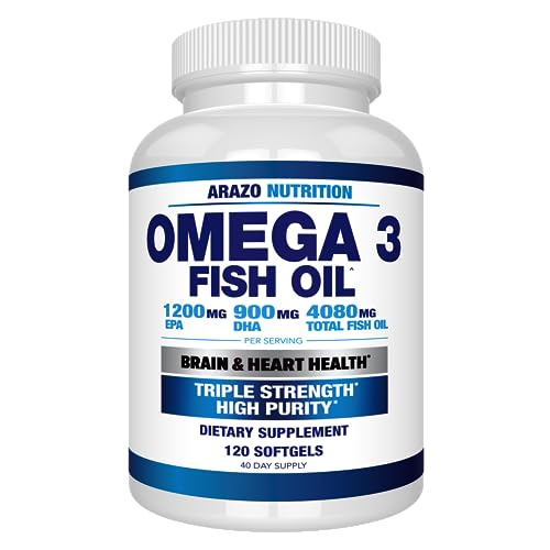 Arazo Nutrition Wild Caught Omega 3 Fish Oil – 120 Soft Gels – 4,080mg High EPA 1200mg DHA 900mg Lemon Flavor Burpless Softgels