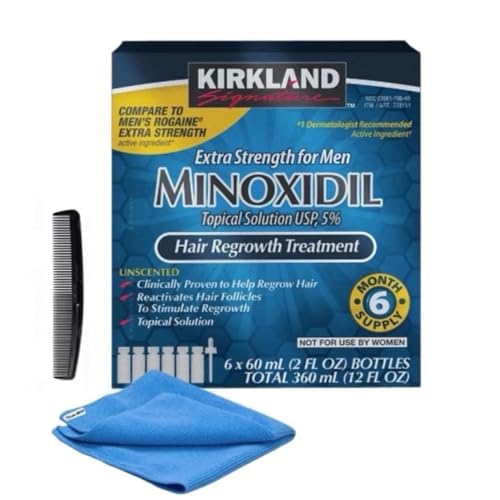 Minoxidil Liquid Extra Strength Hair Regrowth Treatment for Men, 5% Topical Solution, 6 Months Supply - Dropper Applicator, Comb and Microfibor cloth Included - by 4K Logistics