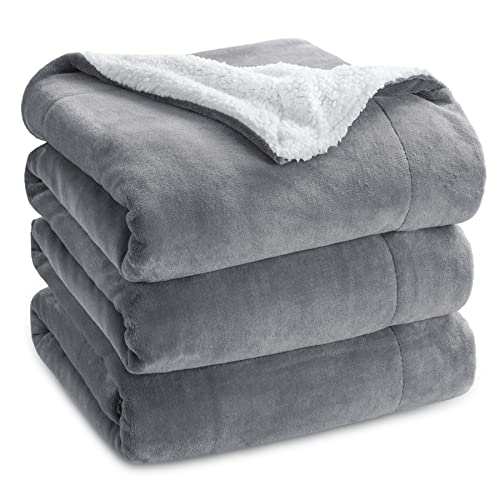 Bedsure Sherpa Fleece Queen Size Blankets for Bed - Thick and Warm Blanket for Winter, Soft and Fuzzy Blanket Queen Size, Grey, 90x90 Inches