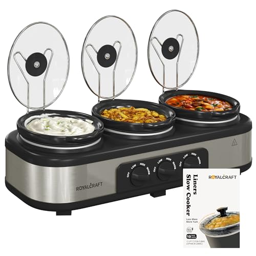 Royalcraft Slow Cooker with 10 Cooking Liners, 3 in 1 Buffet Servers Dips Pot, Food Warmers for Parties with 3 Spoons, Lid Rests, Removable Oval Ceramic Pots, Total 4.5QT Silver