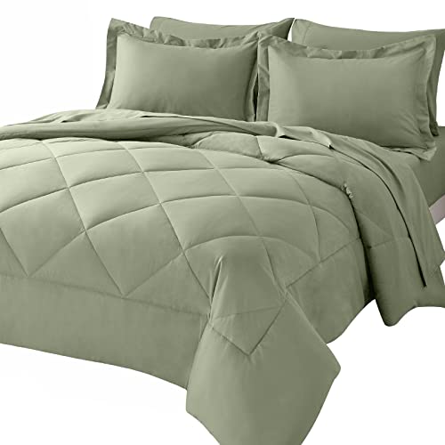 CozyLux King Comforter Set with Sheets 7 Pieces Bed in a Bag Sage Green All Season Bedding Sets with Comforter, Pillow Shams, Flat Sheet, Fitted Sheet and Pillowcases