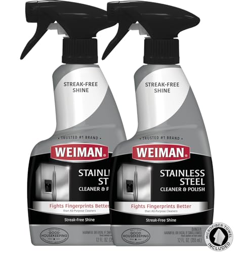 Weiman Stainless Steel Cleaner and Polish - 12 Ounce (2 Pack) - Removes Fingerprints, Residue, Water Marks and Grease from Appliances w/Buffing Towel