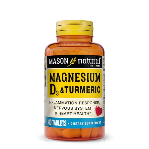 MASON NATURAL Magnesium & Vitamin D3 with Turmeric - Healthy Heart and Nervous System, Strengthens Bones and Muscles, Improved Joint Health, 60 Tablets