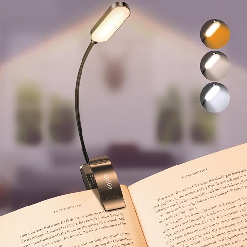 Gritin 16 LED Rechargeable Book Light for Reading in Bed - Eye Caring 3 Color Temperatures, Stepless Dimming Brightness,80Hrs Runtime,Lightweight Flexible Clip On Book Light for Book Lovers,Kids