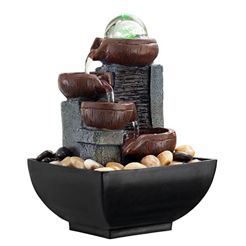 Tabletop Fountain Indoor Office Relaxation Desktop Fountain Includes Many Natural River Rocks Decorated with Colored Lights and Rotating Bubble Ball