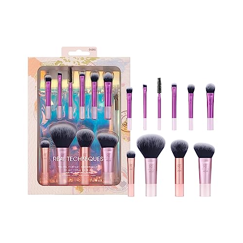 Real Technique Travel Fantasy Mini Brush Kit, Makeup Brushes For Eyeshadow, Highlight, Contour, Powder, & Concealer, Mini Sized Travel Brushes & Makeup Bag, Synthetic Bristles, 11 Piece Set