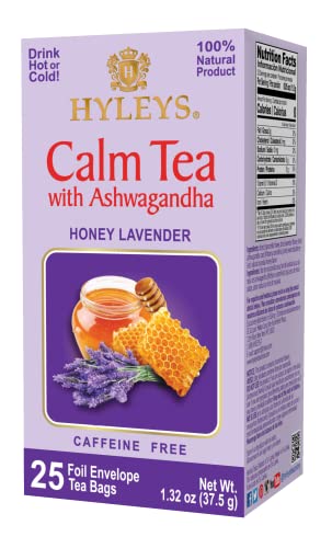 HYLEYS Tea Calm Tea with Aswagandha - Lavender & Honey Flavor - 25 Tea Bags - Caffeine Free Tea