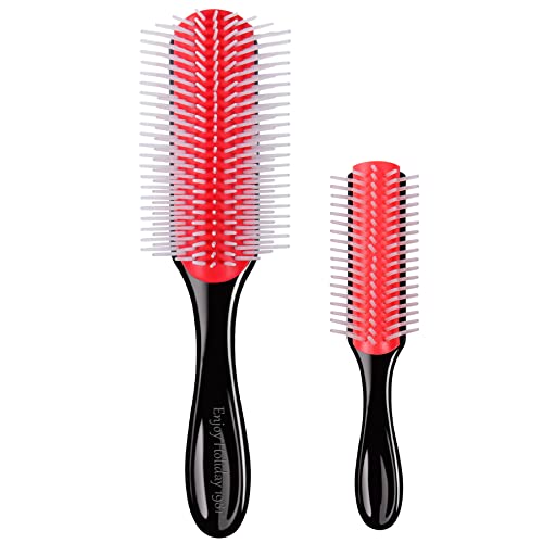 2 Pcs Hair Brush for Women Men Curly Wet or Dry Hair Classic Detangling Brushes 9 Row 5 Row for Natural Thick Hair, Blow Styling Separating, Shaping Defining Curls Tools Travel Bristle Black Hairbrush