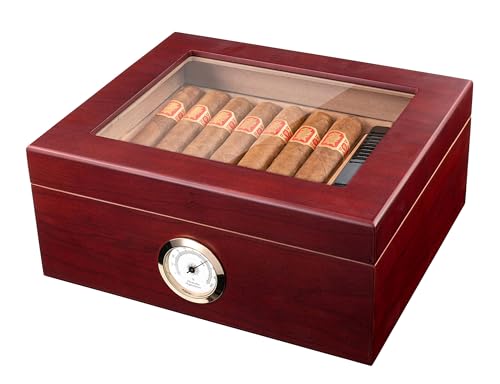 Mantello Cigars Humidors, Royal Glass-Top Cigar Humidor, Cigar Box for Up To 50 Cigars, Cigar Humidors with Hygrometer & Divider
