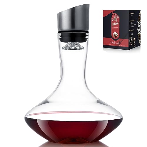 VnoPerito Wine Decanter,Red Wine Carafe,Decanter with Built-in Aerator Pourer, 100% Hand Blown Lead-free Crystal Glass with Stainless Steel Pourer Lid, Filter, Wine Gifts for Men