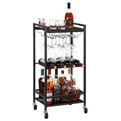 NANANARDOSO Bar Cart,3-Tier Home Bar Serving Cart with Wine Rack and Glass Holder，Mobile Bar Cart Serving Wine Cart on Wheels for Living Room, Kitchen, Party (Black)