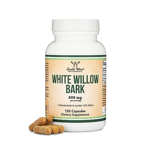 White Willow Bark Capsules 800mg per Serving, 120 Count (Willow Bark Extract Std. to 15% Salicin for Joint and Muscle Relief) Made in The USA, Vegan Safe, Non-GMO, Third Party Tested by Double Wood