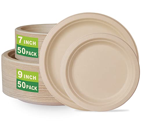 GreenWorks 7 inch and 9 inch Heavy-duty Compostable Plates (each 50 Count), 100 Count Unbleached Disposable Paper Plates