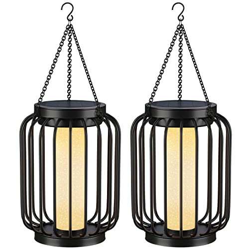 Mlambert Solar Lantern Outdoor Waterproof, Hanging Solar Lights with Crystal Shining Effect, Decorative Light with Hook for Garden, Black, 2-Pack