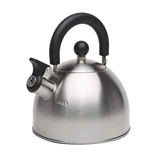 Primula Stewart Whistling Stovetop Tea Kettle Food Grade Stainless Steel, Hot Water Fast to Boil, Cool Touch Folding, 1.5-Quart, Brushed with Black Handle