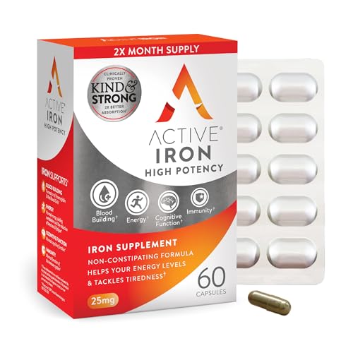 Active Iron High Potency Iron Supplement, 2X Better Absorption & Non-Constipating, Helps Support Energy, Iron Pills for Women & Men, 25mg (60 Capsules)