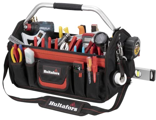 Hultafors Work Gear HT5597 Open-Top Tool Carrier, 35 Pockets, Heavy Duty Ballistic Polyester Tool Bag, Durable Base Pad Feet, Collapsible Bar Injected Mold Handle, Tape Strap, Measuring Tape Clip