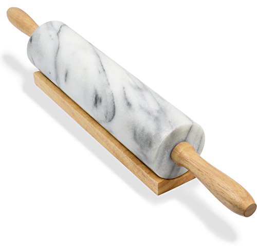 Greenco Hand Crafted Nonstick Marble Rolling Pin with Wood Handles on Wooden Board Resting Base | Dough, Pastry, Bread, Tortilla, and Pizza Roller Pins | Baking and Kitchen Supplies