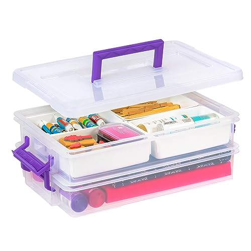 IRIS USA 9.4 Qt 2 Layer Stack and Carry Storage Containers with Bulked-Up Lid and 4 Removable Dividers, for Art and Craft Supplies Stationeries Medicine Play-Doh Nail Polish, Portable, Clear/Violet