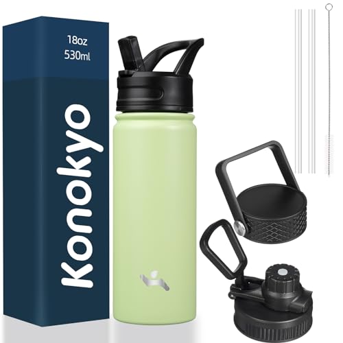 Konokyo Insulated Water Bottle with Straw,18oz 3 Lids Metal Bottles Stainless Steel Water Flask,Macaron Green